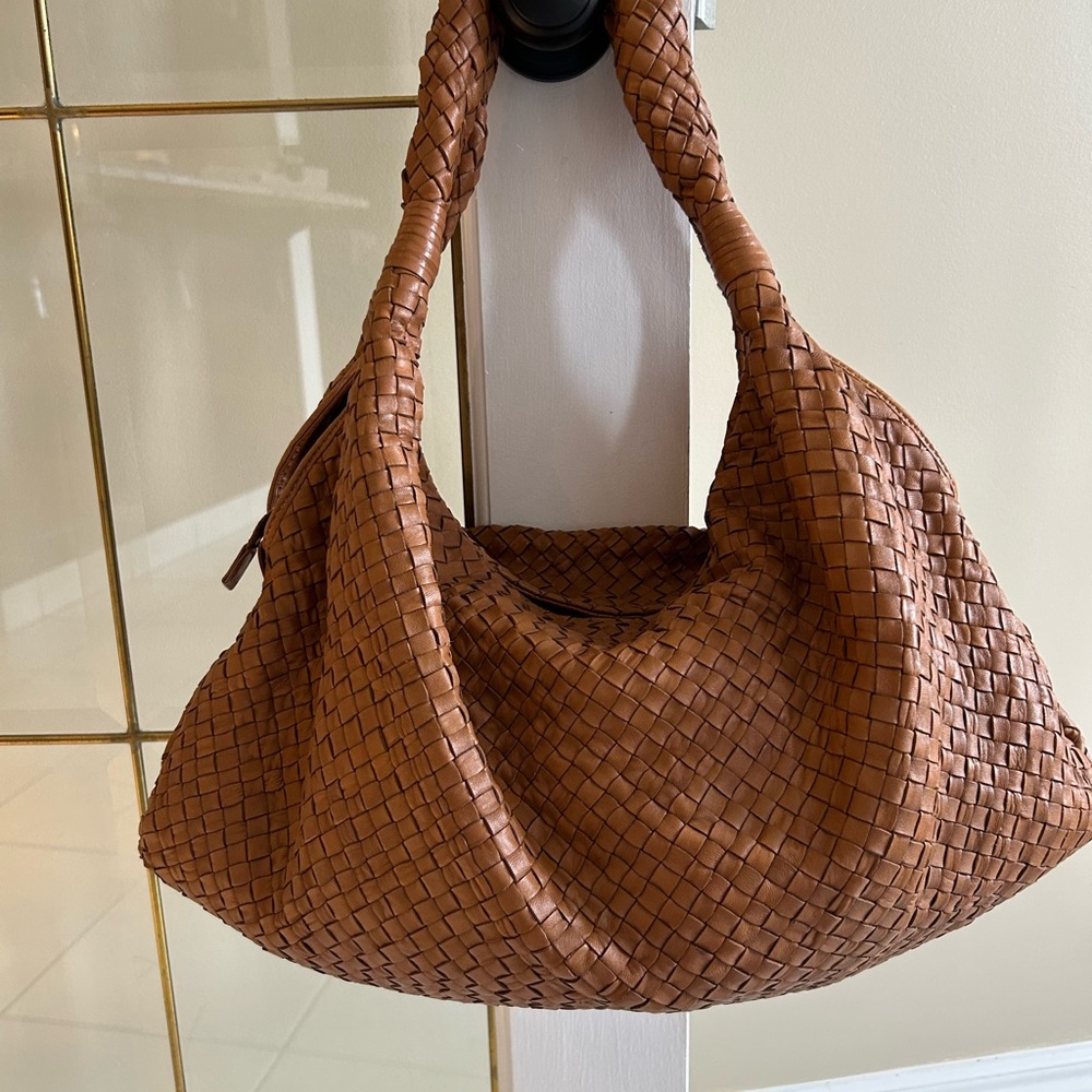 Woven Shoulder Hobo Bag in Cognac Brown